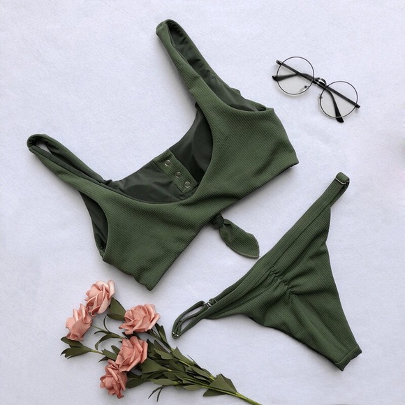 Green Tie Up Knot Tankini Set [A] - Picture 2 of 7